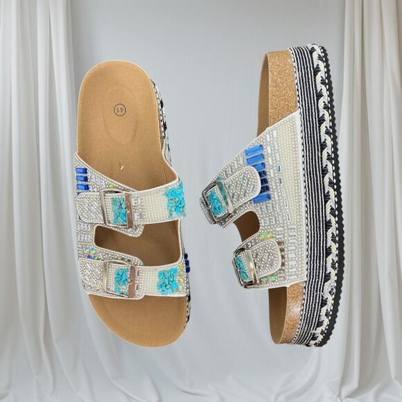 Chunky Silver Blue Rhinestone Beaded Bedazzled Platform Sandal Slides 10 10.5 - Picture 1 of 7